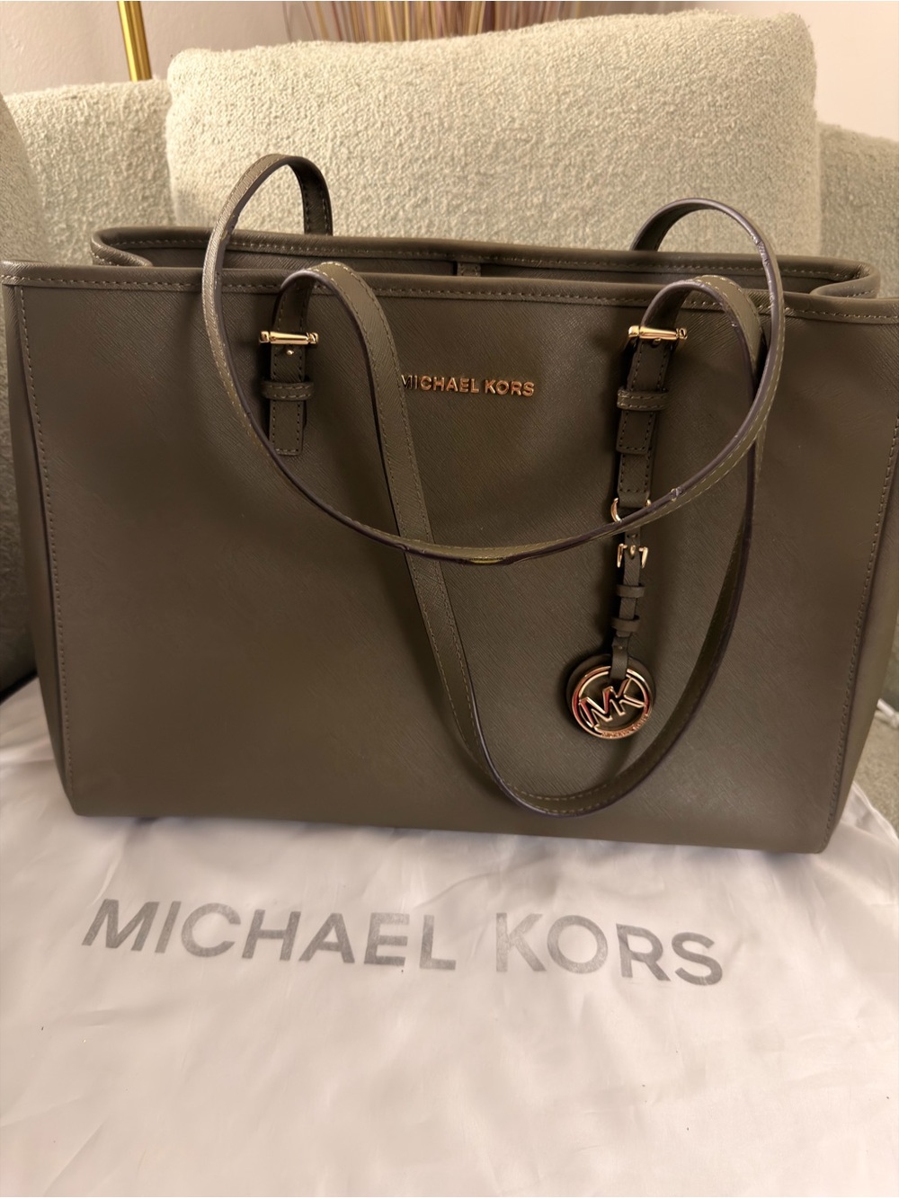 Michael Kors Olive Green Saffiano Tote with Gold Accent